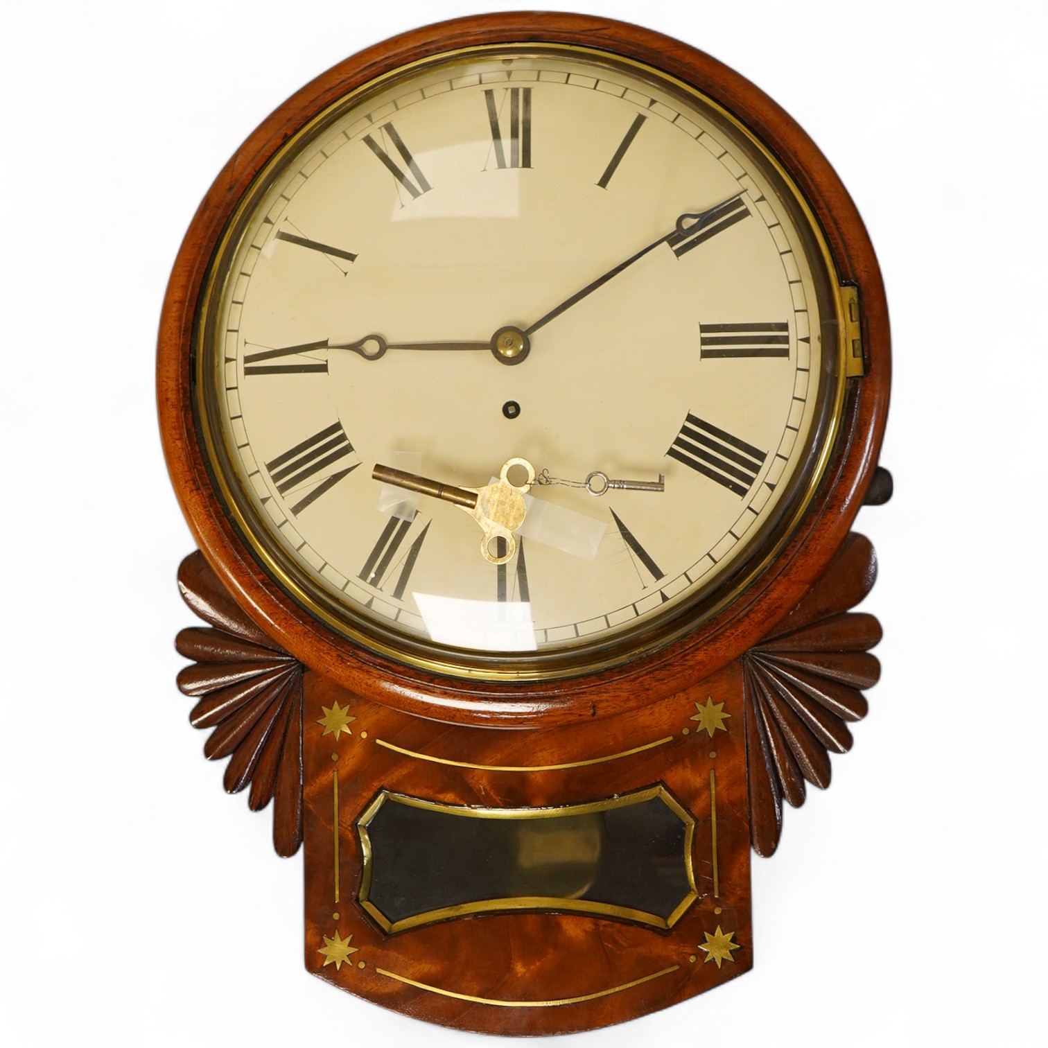 A 19th century mahogany drop dial fusee wall timepiece, with brass inlay and a painted 12 inch dial